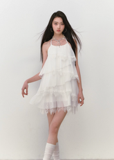 Halter loose layered little white dress